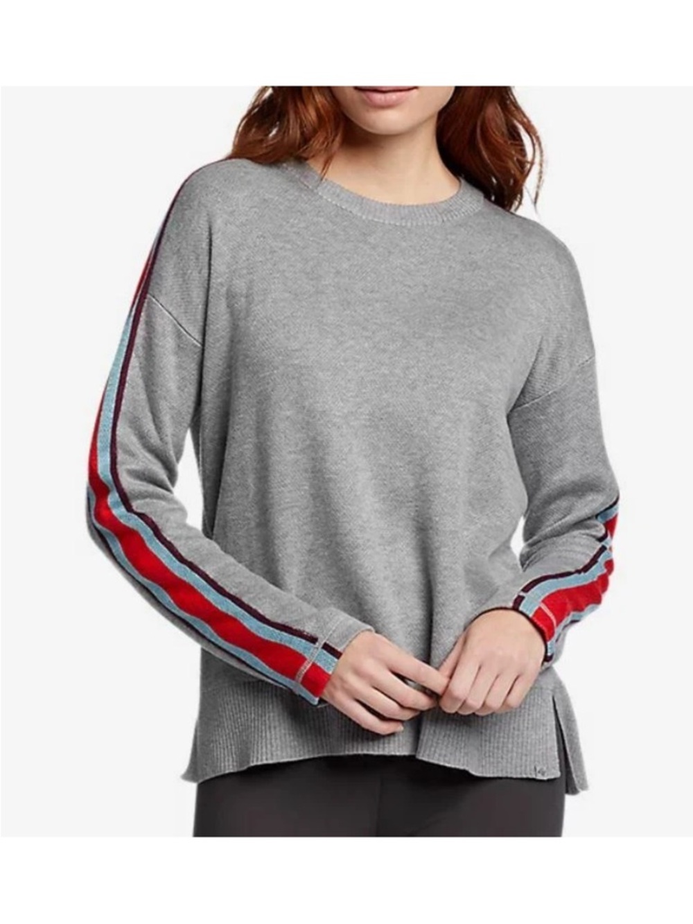Eddie Bauer Gray Crewneck Sweater Sporty Stripe Sleeve